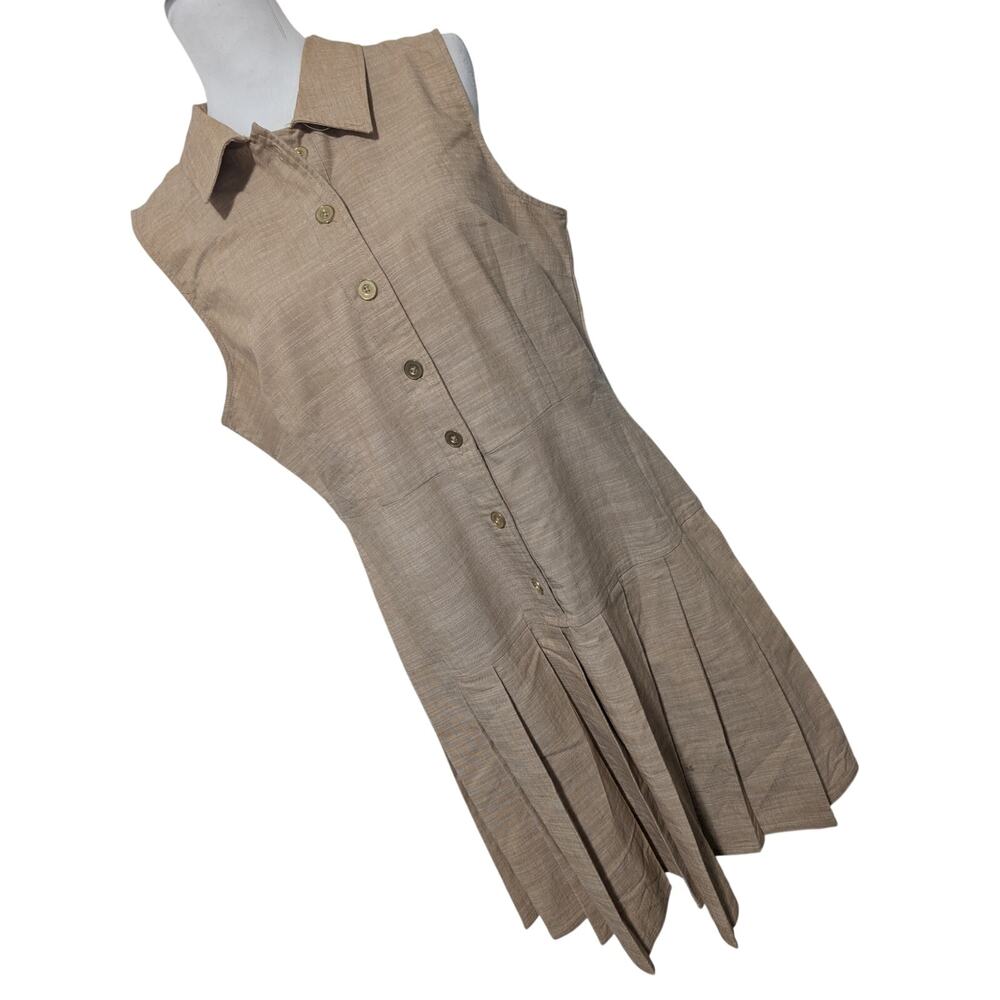 NWOT! SHARAGANO! NATURAL TAN/BEIGE, GOLD BUTTONS, PLEATED SKIRT DRESS! SZ 12